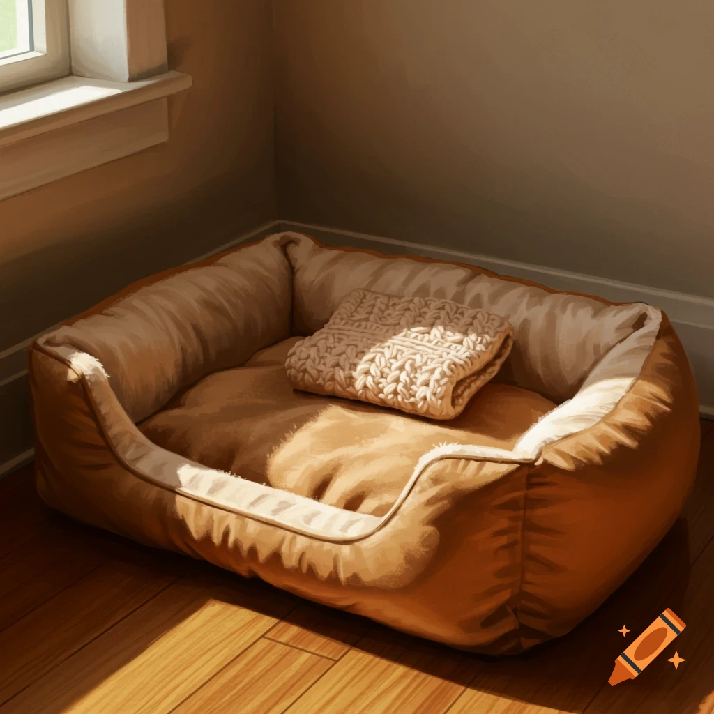 A cozy, empty brown dog bed with a cream blanket on a wooden floor in a sunlit room. Painterly style.
