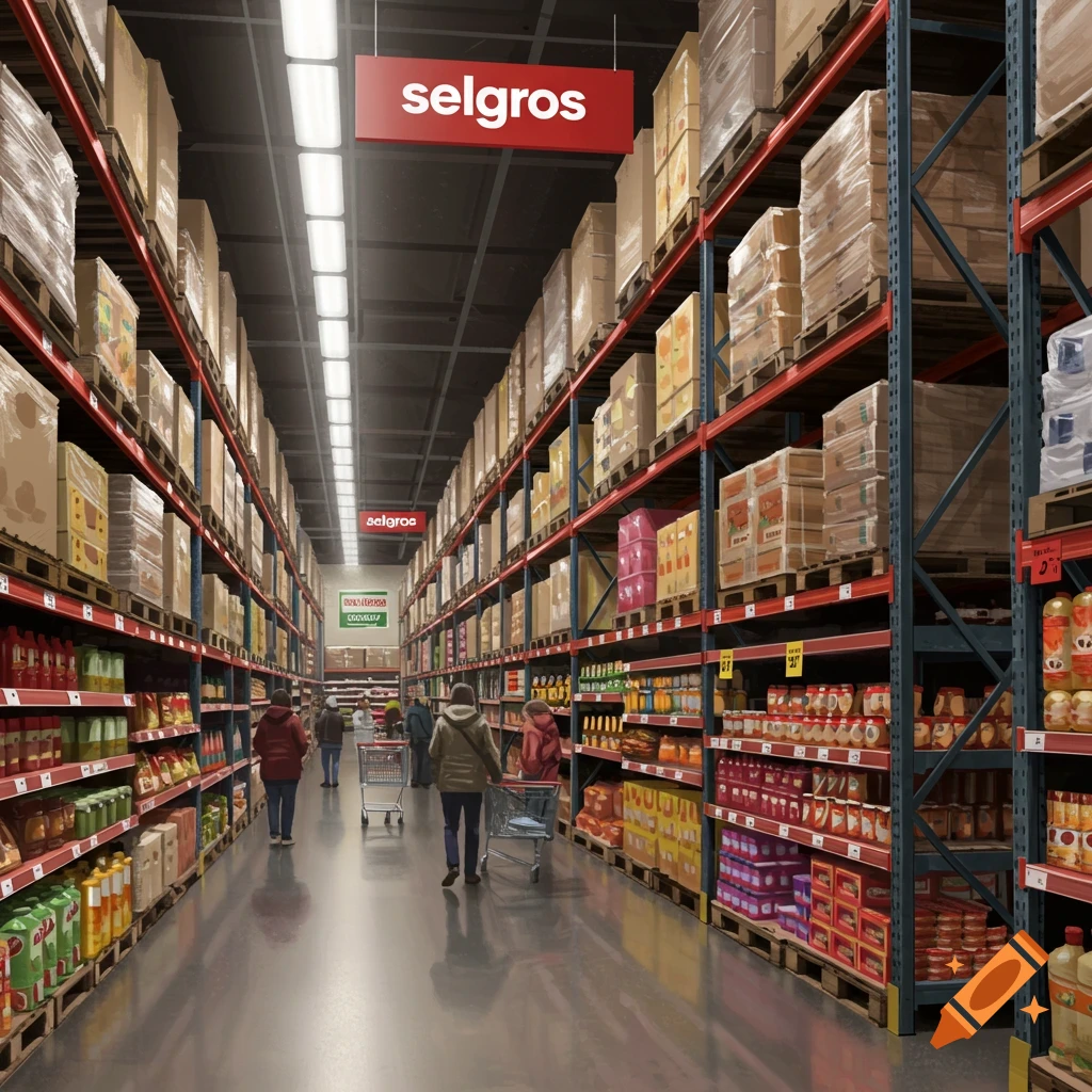 An aisle in a large wholesale market, Selgros, with tall shelves stocked high with various products. Shoppers with carts move down the aisle. Photorealistic style.