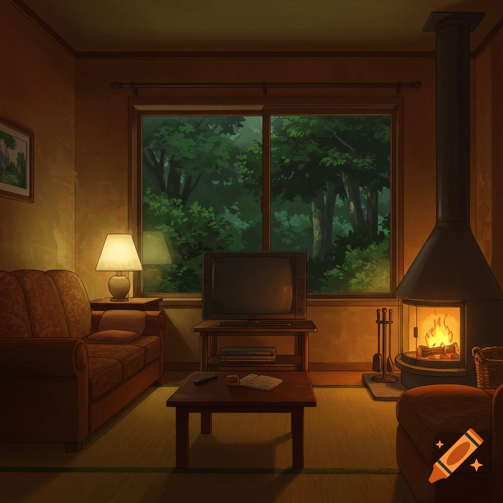 Cozy anime-style living room with a lit fireplace, old TV, sofa, and a large window looking out into a lush forest at dusk.