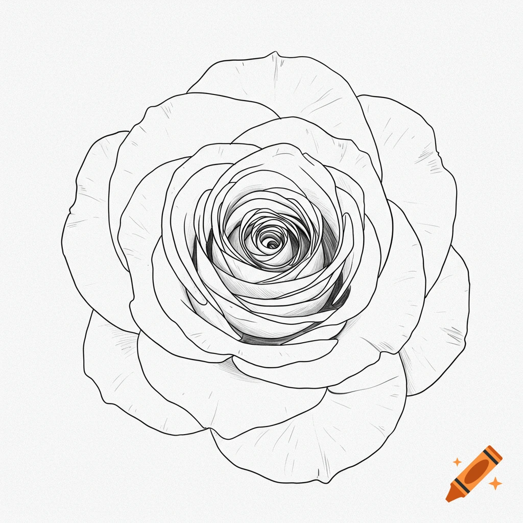 Black and white line drawing of a rose blossom viewed from above.