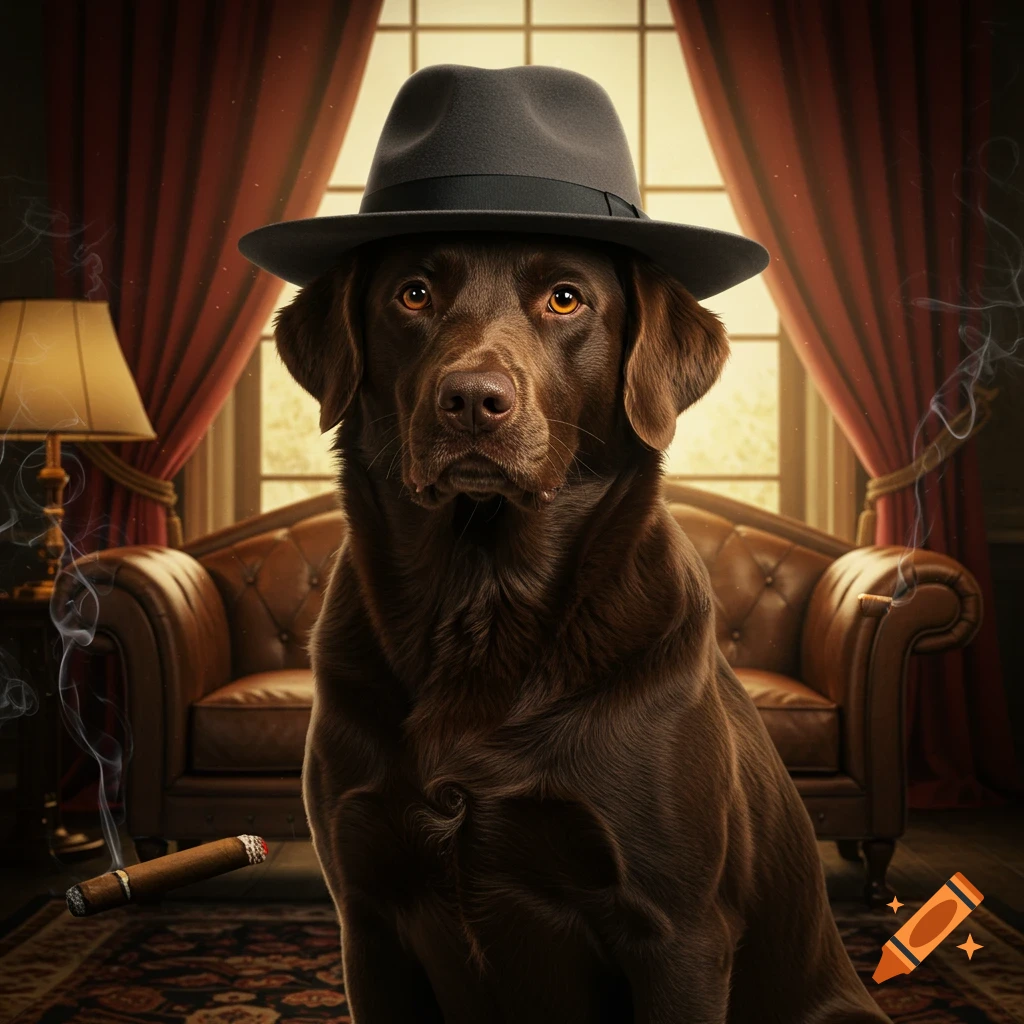 A photorealistic chocolate Labrador wearing a dark fedora, sitting in a luxurious room with a smoking cigar.