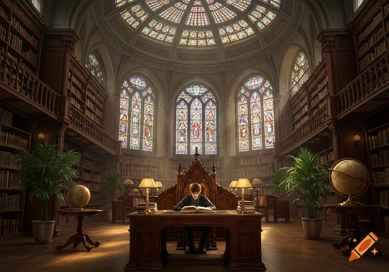 A person reads a book at a large wooden desk in a grand, ornate library with towering bookshelves and large stained-glass windows.