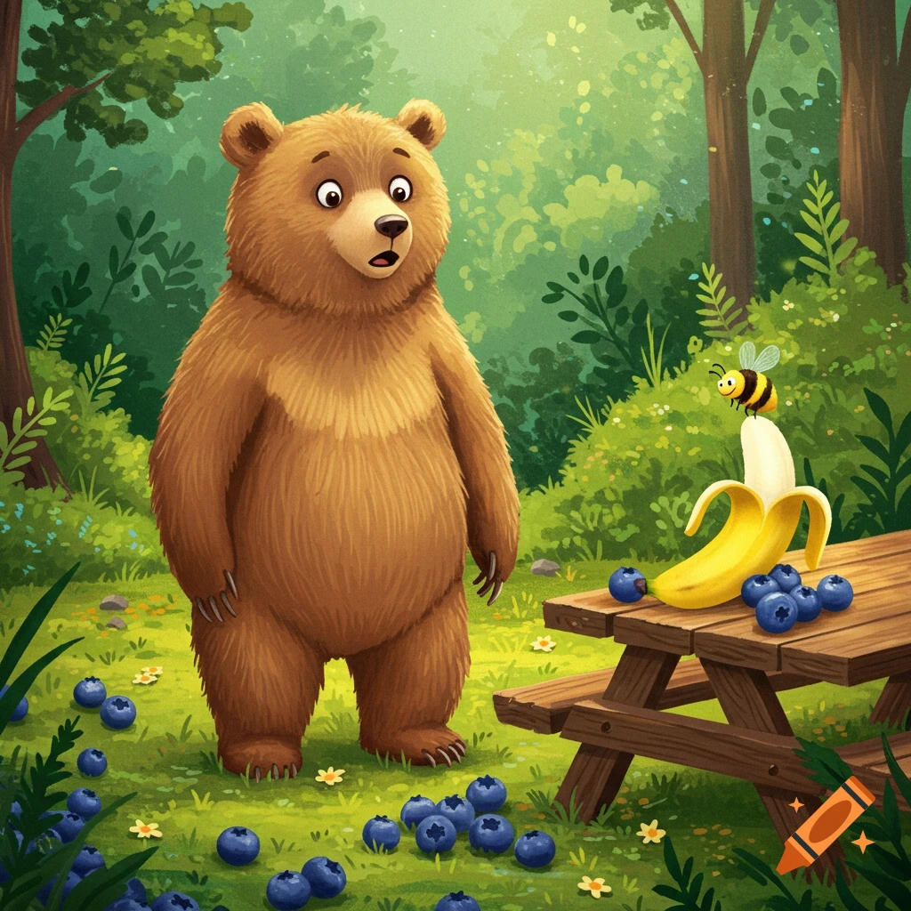 A scared cartoon bear in a forest looks at a banana with a bee on it, surrounded by blueberries, in a children's book style.
