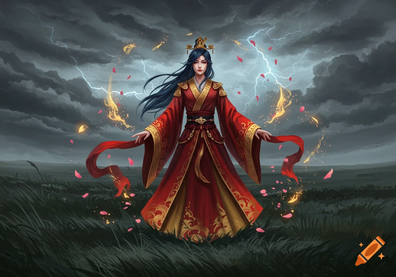 A woman in a red and gold traditional dress stands in a stormy field with lightning, floating petals, and golden energy.