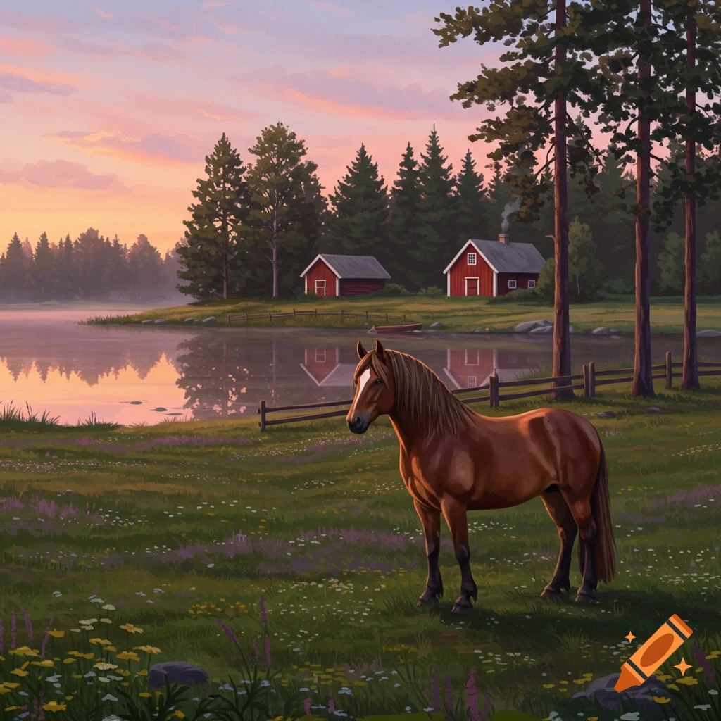 Brown horse in a wildflower field by a lake. Red cabins and pine trees under a pink sunset sky. Illustration style.
