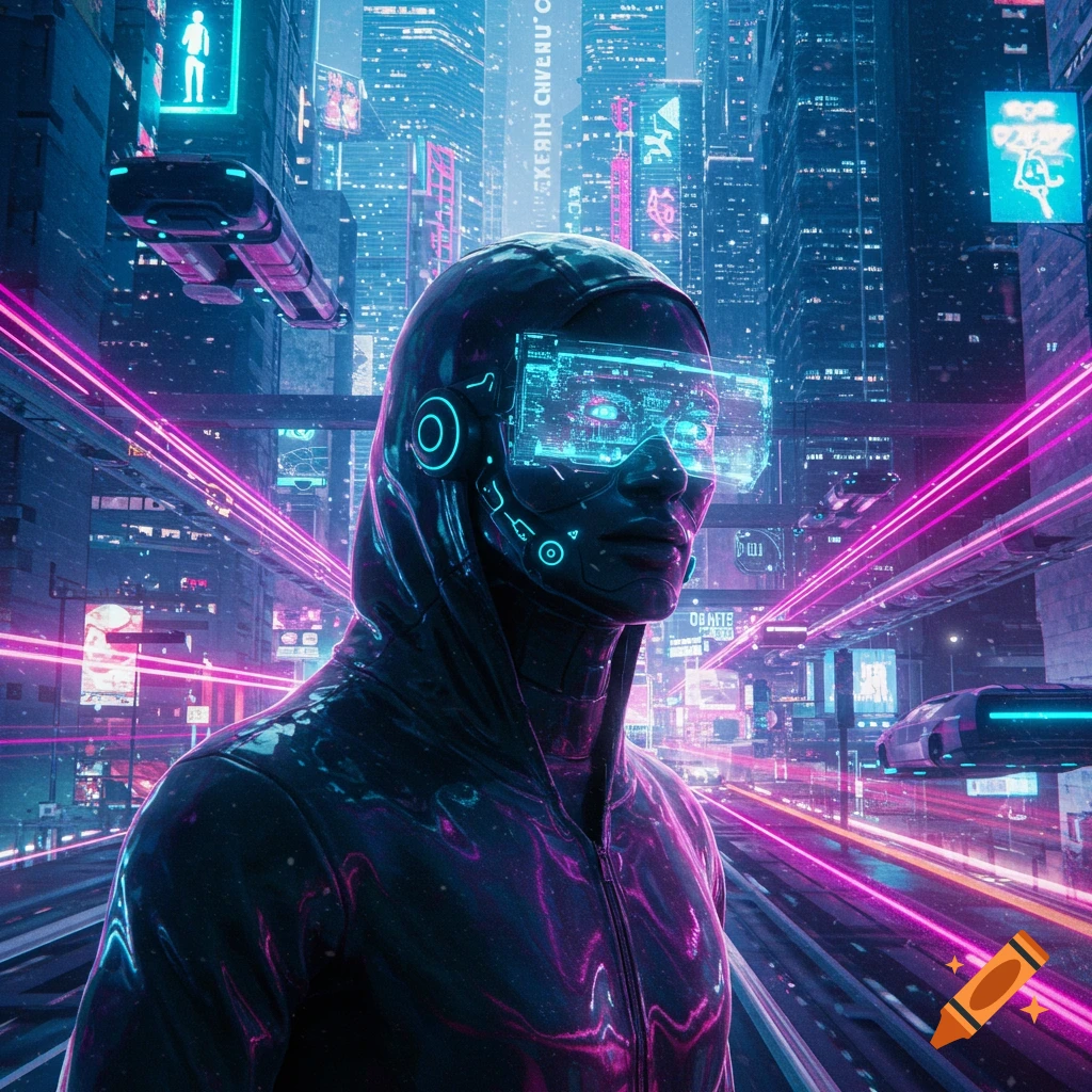 Cyberpunk person in a hoodie with a glowing visor in a neon-lit futuristic city with flying vehicles.