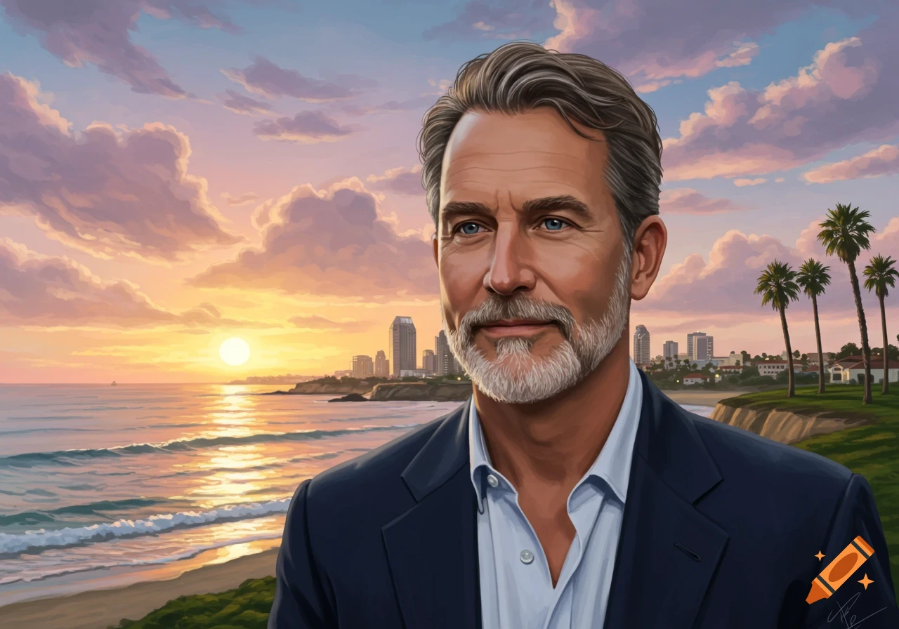 Stylized painting of a gray-haired man in a suit against a vibrant sunset beach, ocean, city skyline, and palm trees.