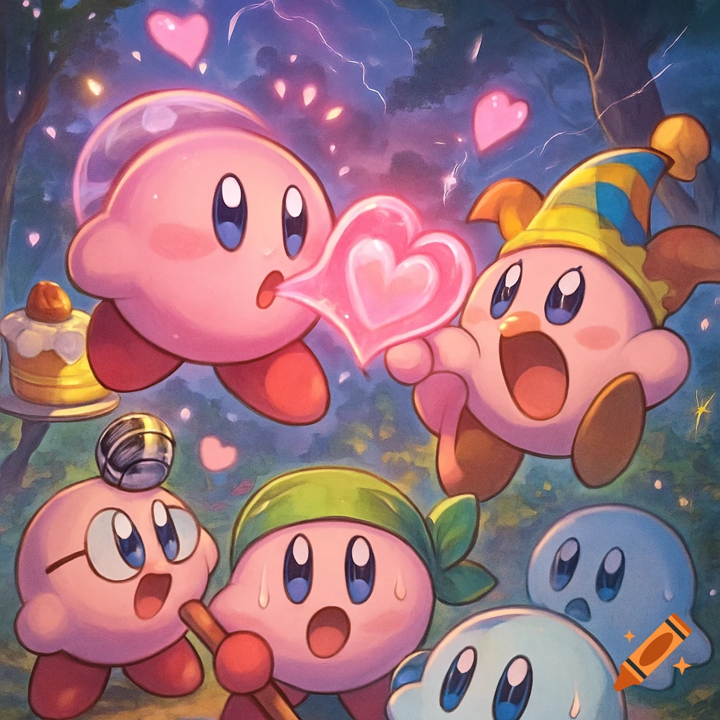 Cartoon illustration of several pink Kirby-like characters in a magical forest setting, with one blowing a heart bubble.