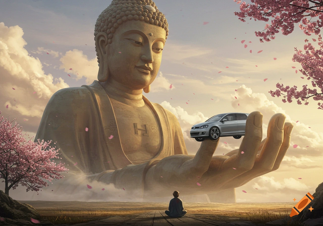 A giant Buddha statue holds a silver VW Golf car on its hand, while a person meditates below. Cherry blossoms and clouds fill the sky.