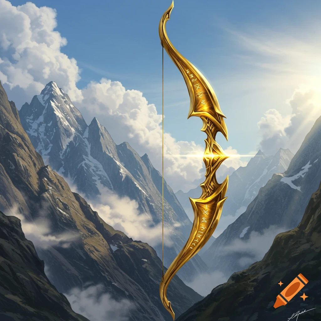 A majestic golden bow with intricate runic engravings stands upright against a backdrop of towering, snow-capped mountains under a bright, partly cloudy sky.