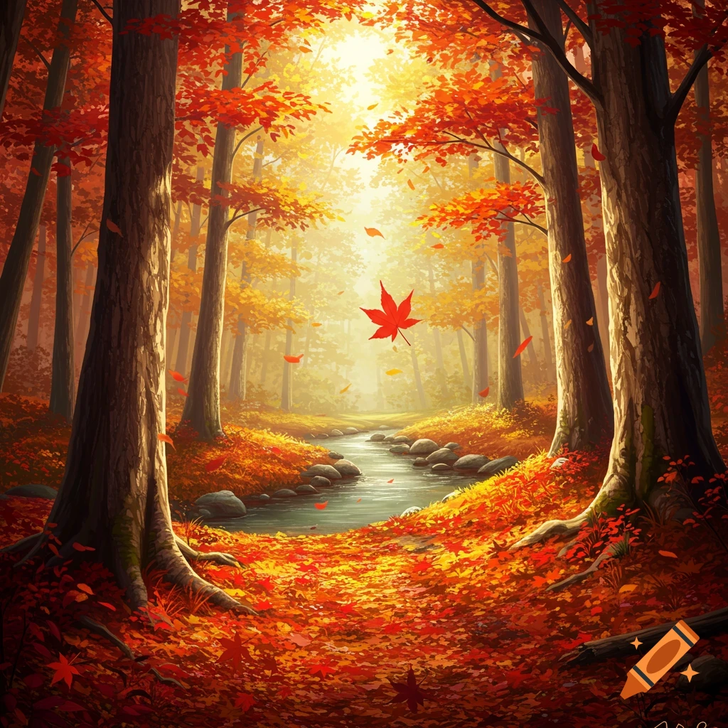 Stylized vibrant autumn forest with a sunlit stream, path covered in red-orange leaves, and a floating maple leaf.