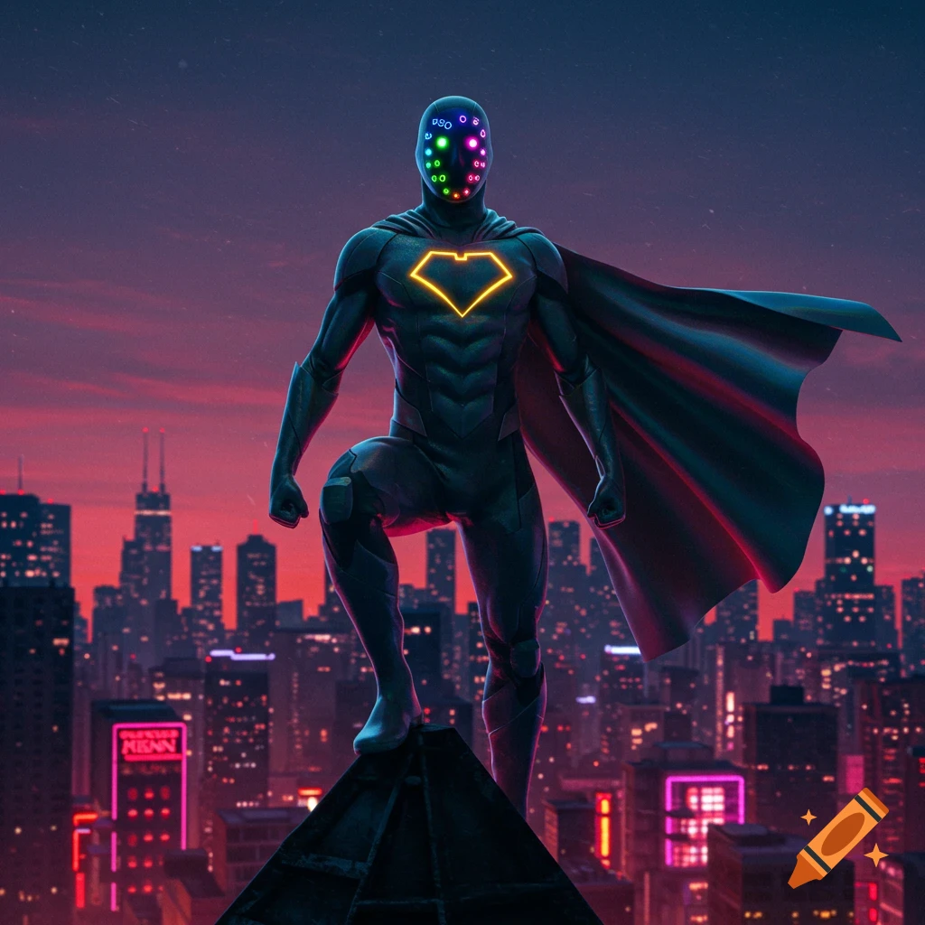 Superhero with glowing chest symbol and a multi-colored light mask, standing atop a building overlooking a futuristic neon city at dusk.
