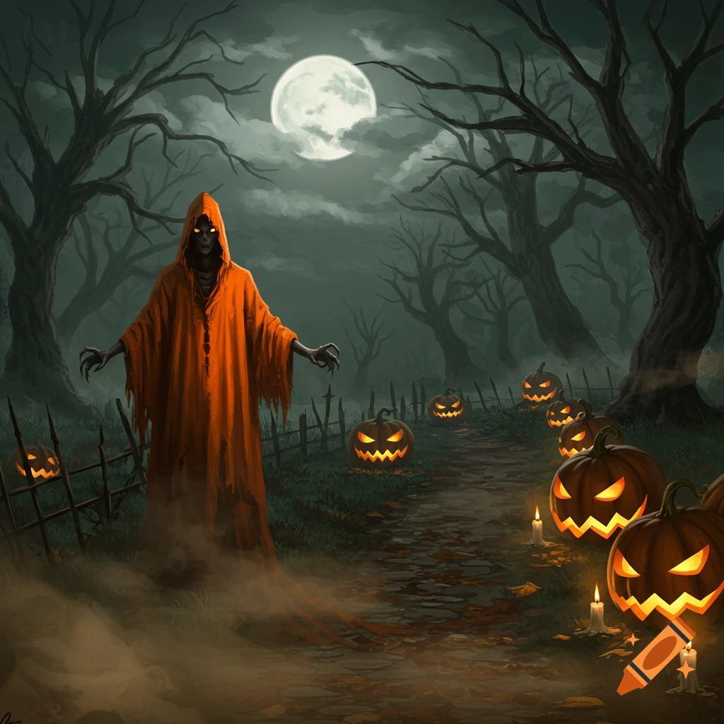 A skeletal figure in an orange robe walks a moonlit, misty forest path lined with glowing jack-o'-lanterns in a spooky Halloween scene.