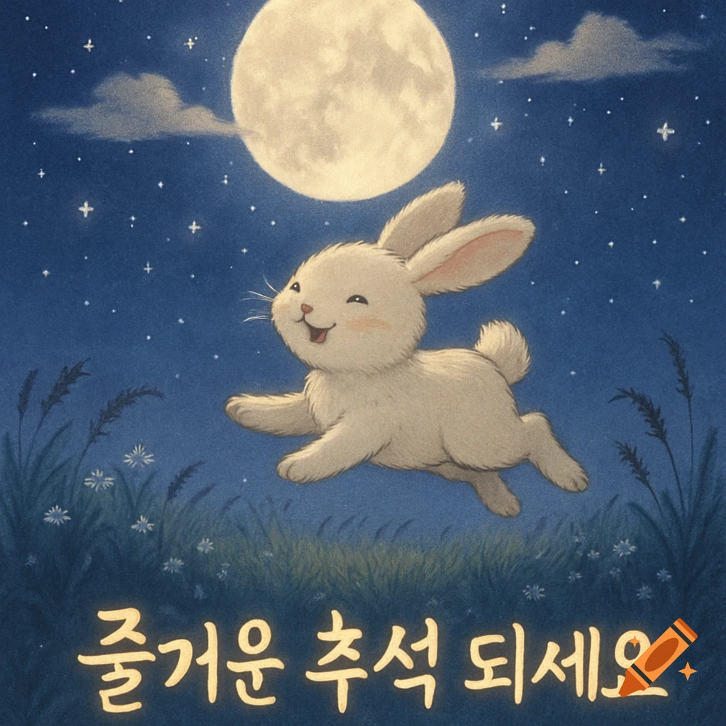 A cute white rabbit hops under a large full moon and starry night sky with grass and text '즐거운 추석 되세요'.