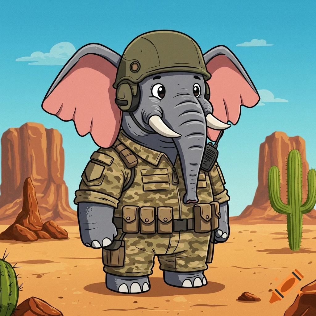 A cute cartoon elephant in a camouflage military uniform, helmet, and radio headset stands in a desert with rocks and cacti.
