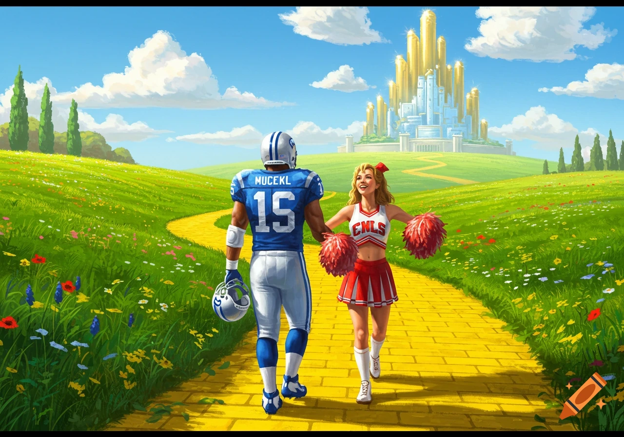 An illustration of a football player and a cheerleader walking hand-in-hand on a yellow brick road towards a golden Emerald City.