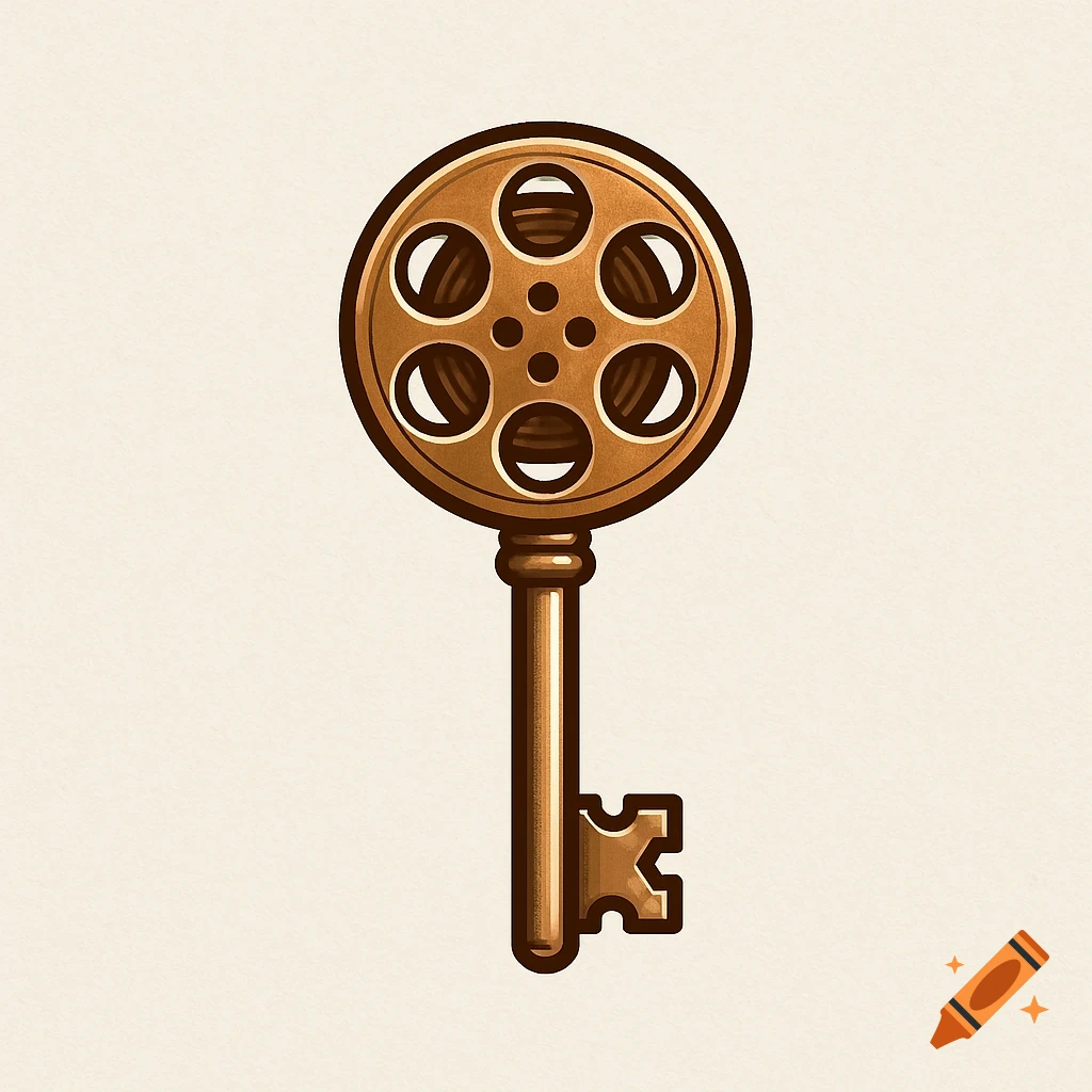 A bronze vintage key with a handle shaped like a movie reel, against an off-white background.