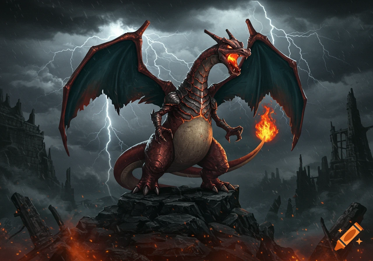 Charizard, a red dragon-like Pok esmon, stands on rocks, roaring with fire on its tail, against a stormy, lightning-filled sky with ruins.