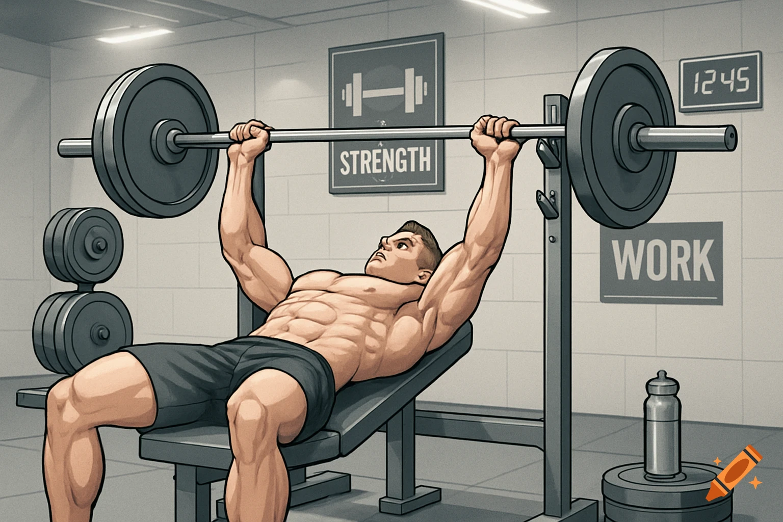 Stylized illustration of a muscular man doing bench press in a gym.
