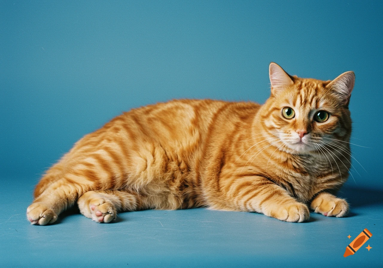 A fat ginger cat with green eyes lies on a solid blue background, looking at the viewer.