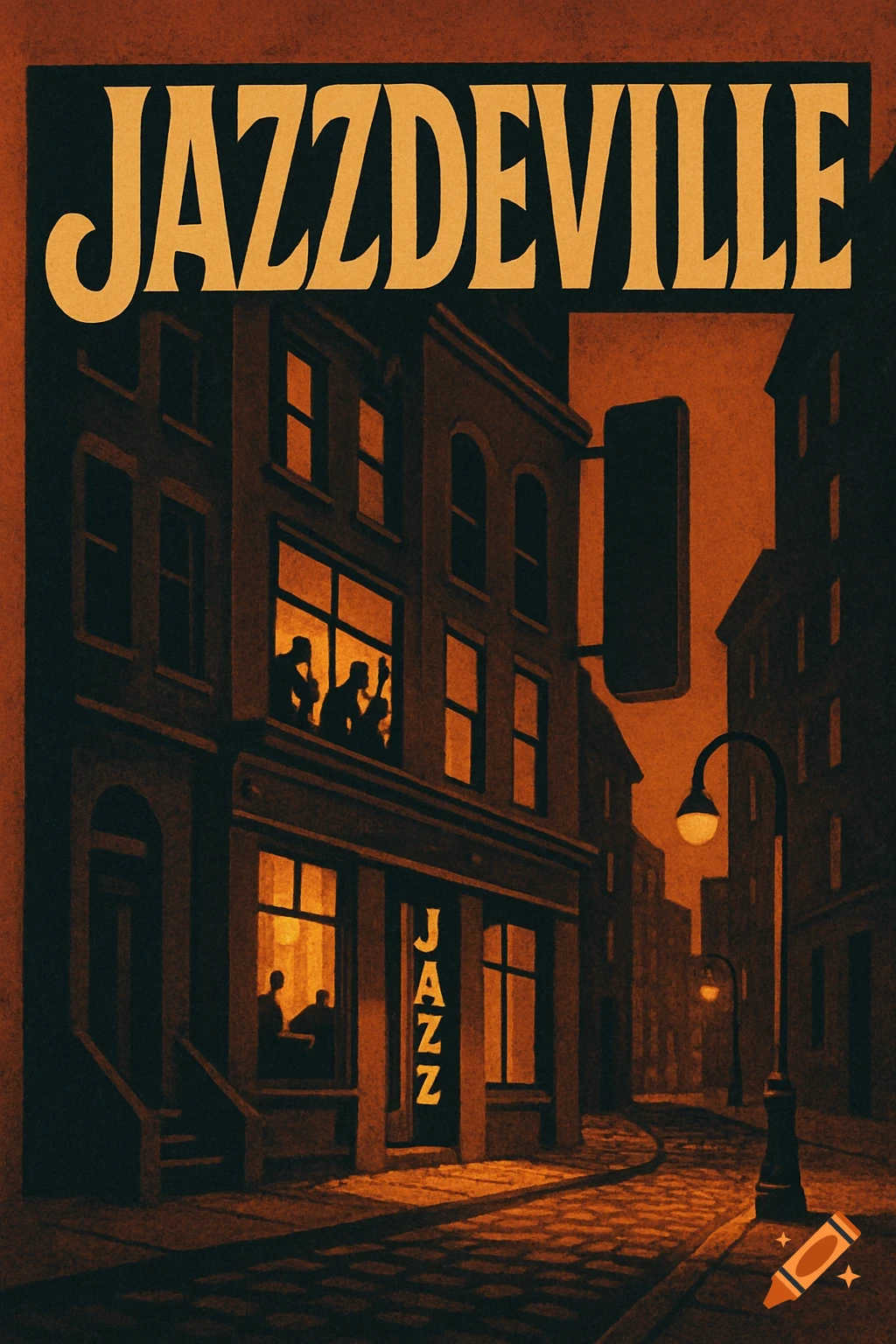 Vintage-style illustration of a dimly lit street with a jazz club, featuring 'Jazzdeville' at the top and 'Jazz' on the club's window.