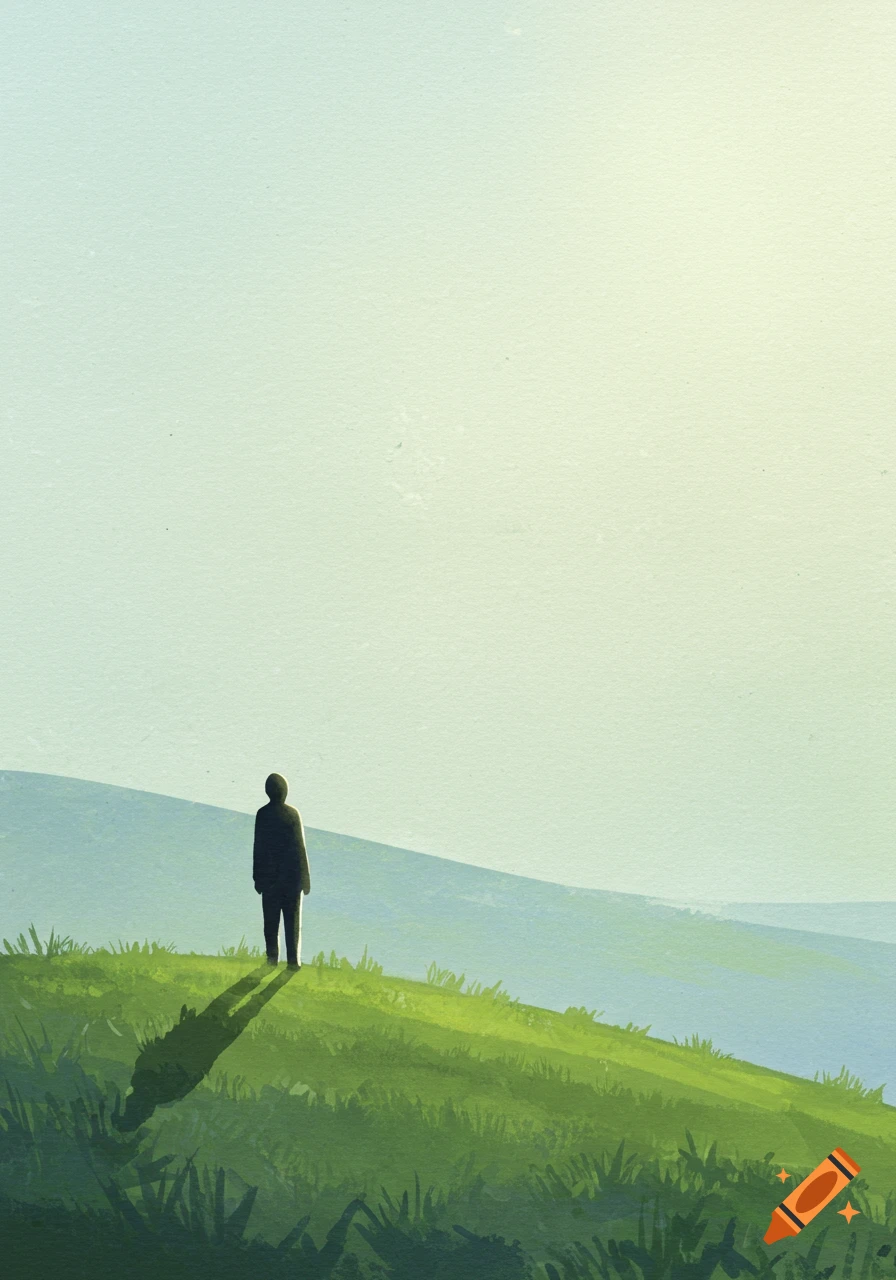 A silhouette of a person stands on a green hill under a bright sky in a watercolor digital art style.