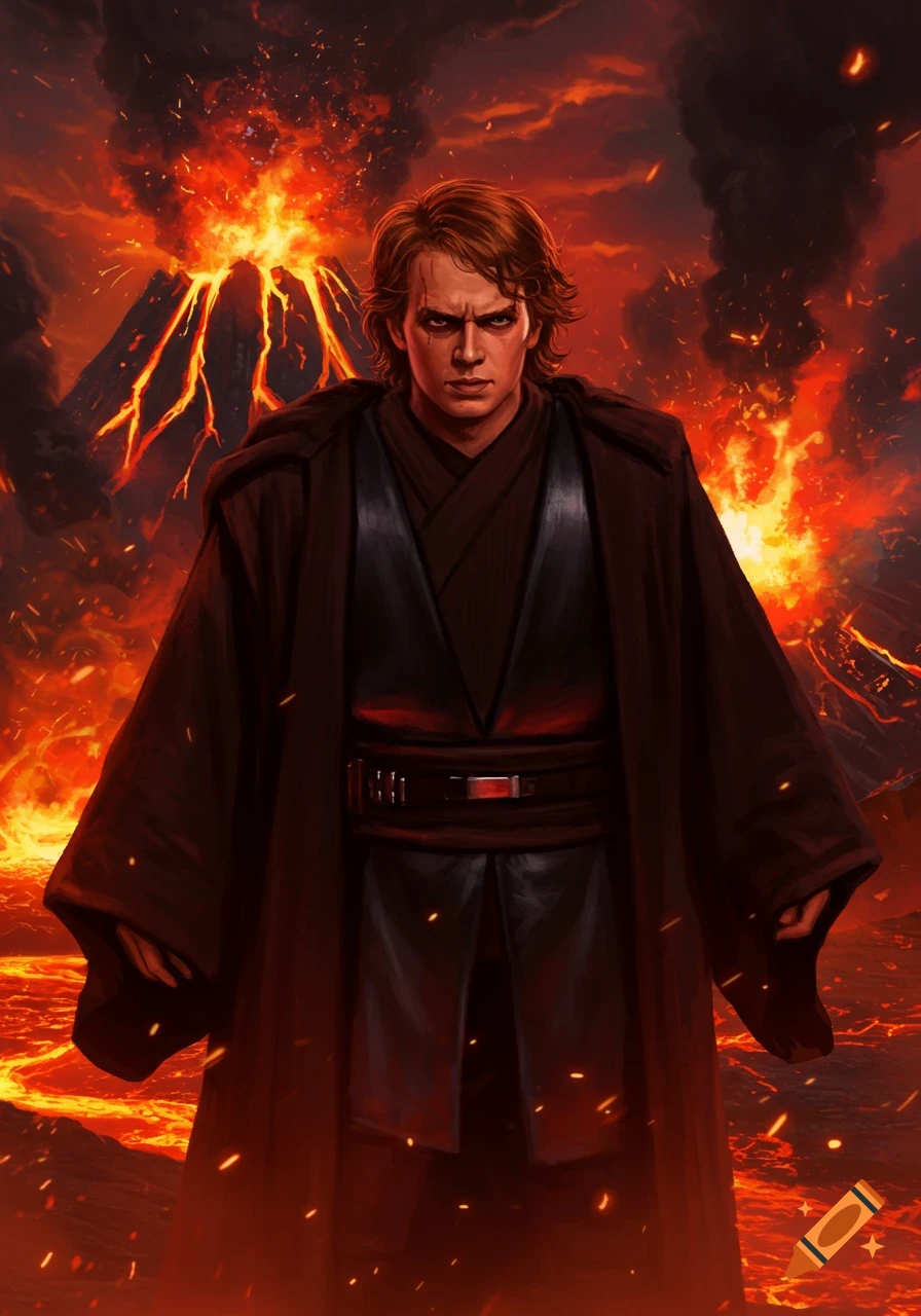 Anakin Skywalker stands on a volcanic planet, cloaked in brown robes, looking angry with glowing lava and erupting volcanoes in the background, in a digital painting style.