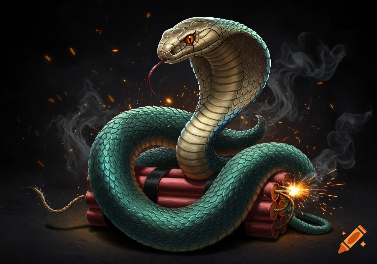 A stylized green cobra with golden scales and red eyes wrapped around red dynamite sticks with a lit fuse, surrounded by smoke and sparks on a dark background.