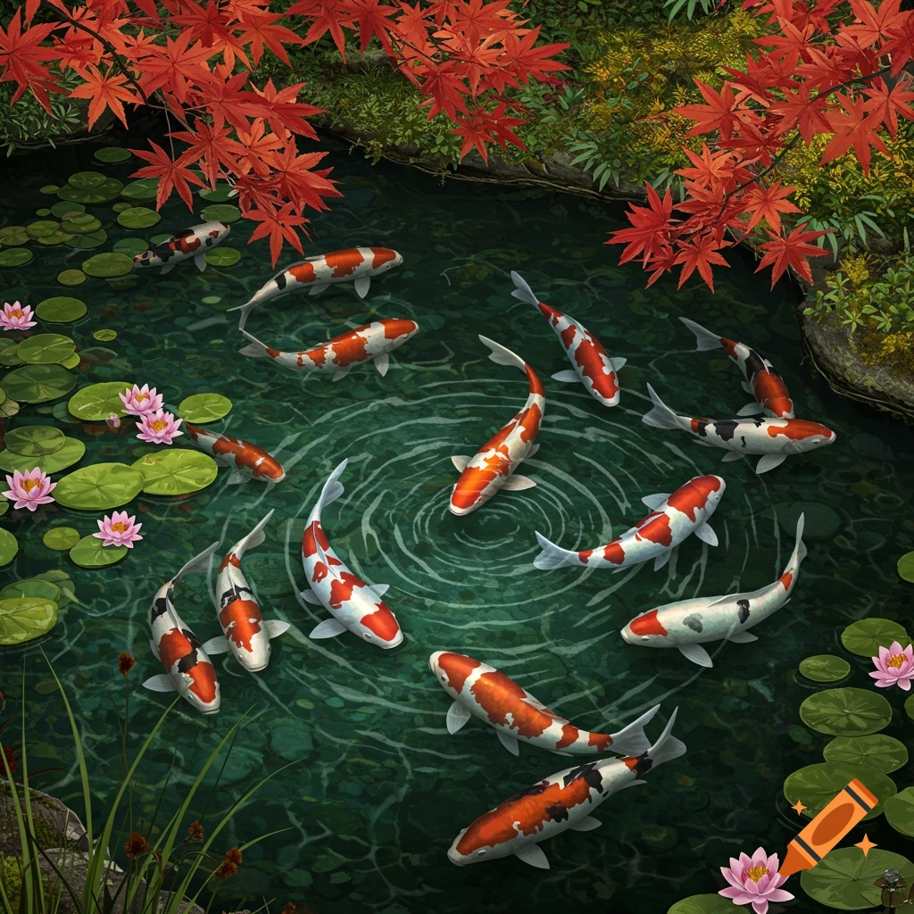 A vibrant overhead view of numerous orange, white, and black koi fish swimming in a green pond with lily pads and red maple leaves overhead.