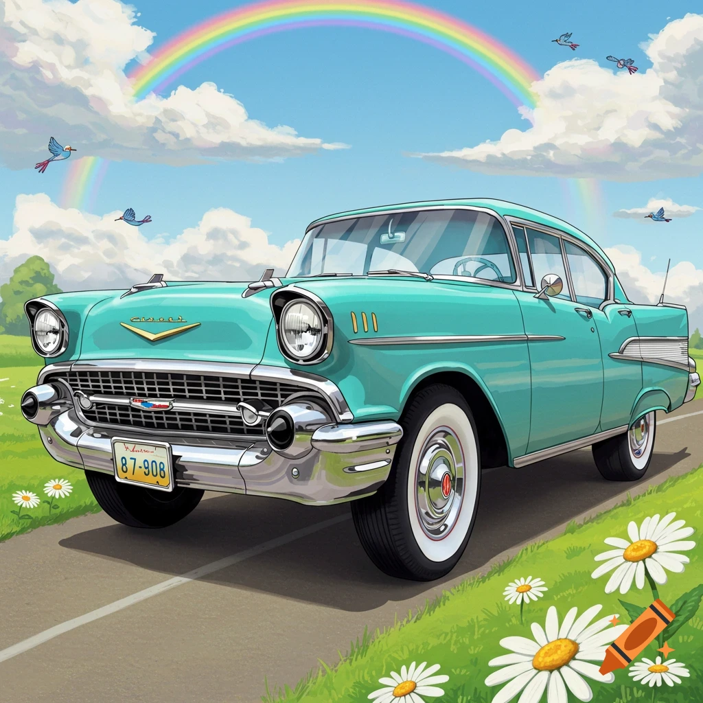 A cartoon 1957 light blue Chevrolet car drives on a road through a grassy field with daisies under a blue sky with a rainbow and birds.
