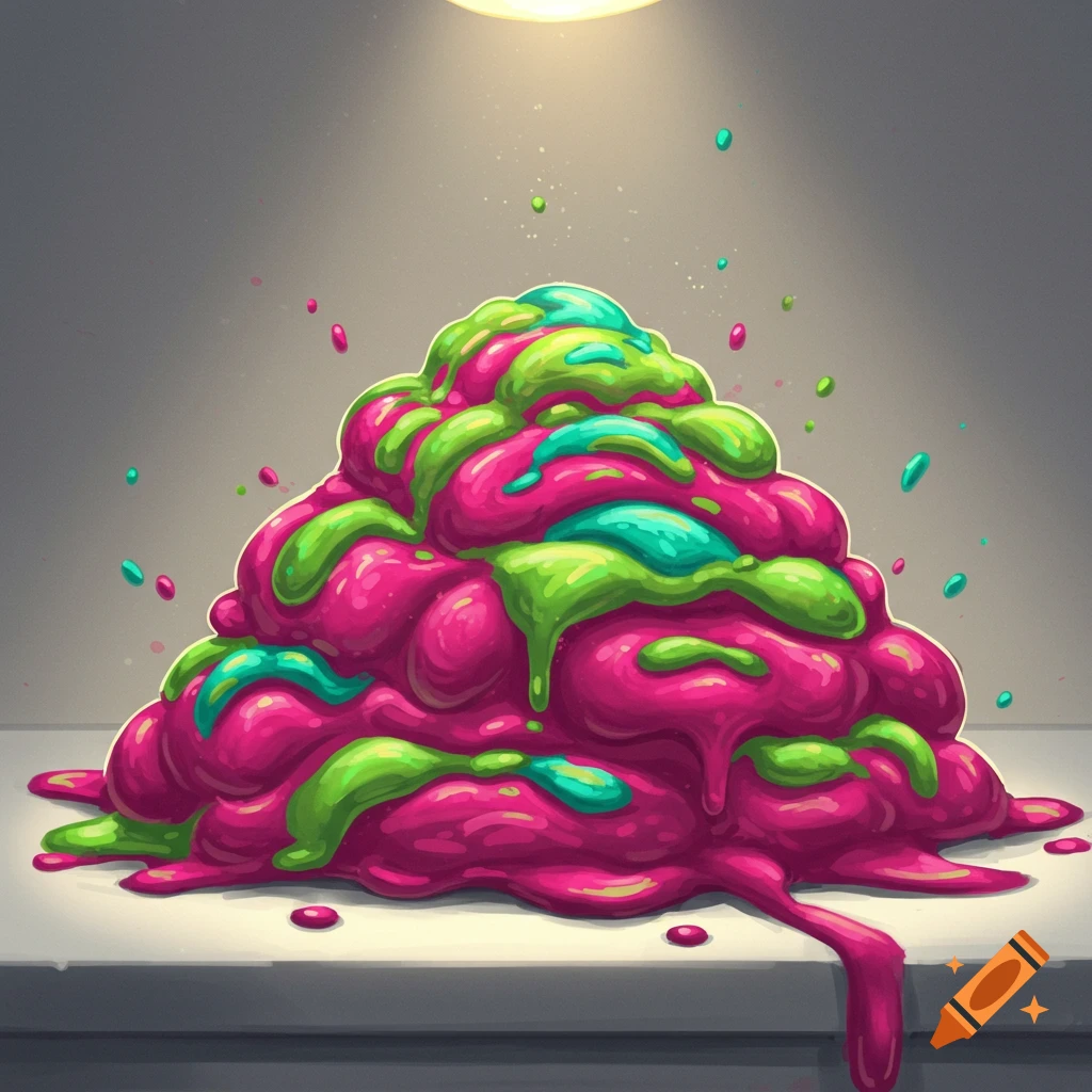 A vibrant, cartoonish pile of pink, green, and blue slime dripping on a surface under a spotlight.
