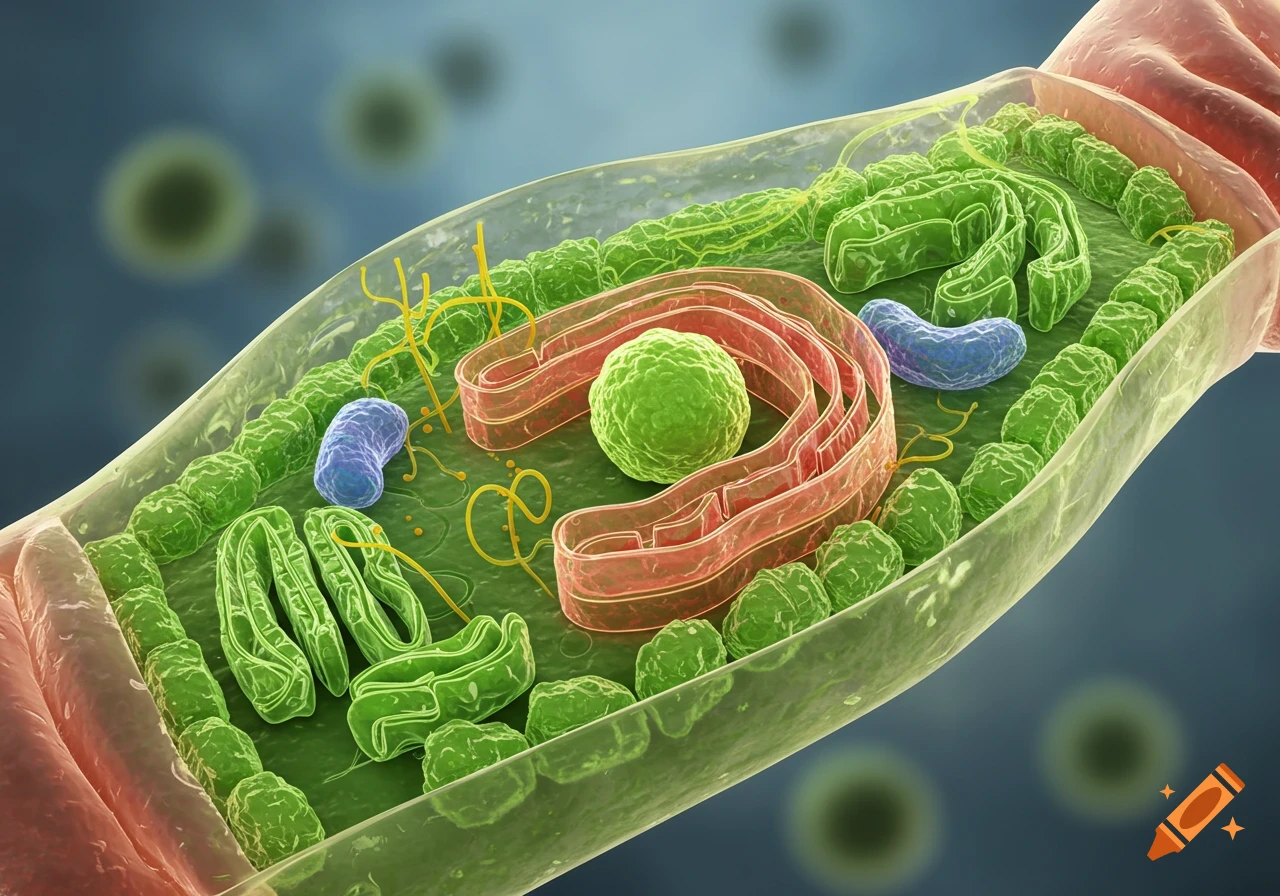 3D rendering of a plant cell with visible organelles like the nucleus, Golgi apparatus, and chloroplasts.