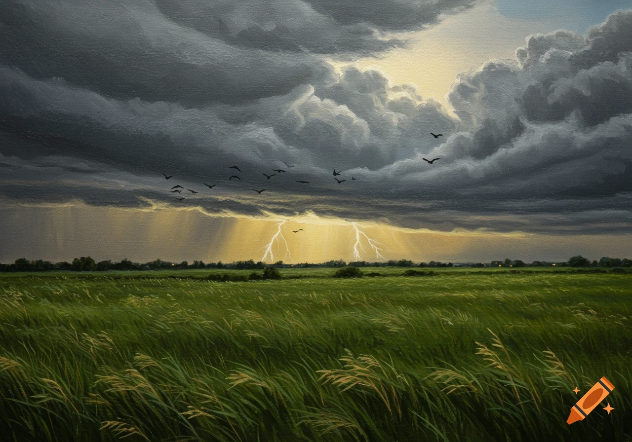 A dramatic oil painting of a stormy rural landscape with dark clouds, lightning, rain, and birds flying over a green field.