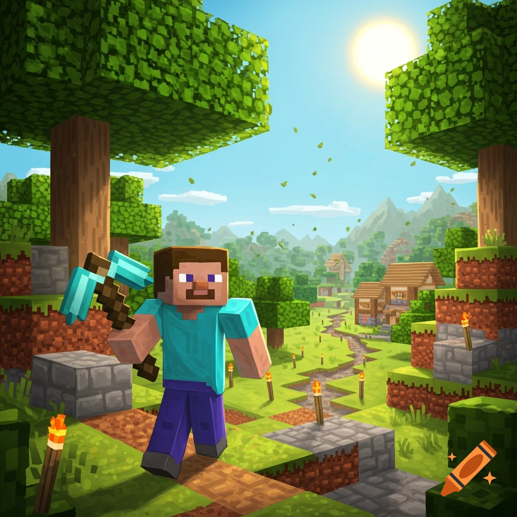 Steve from Minecraft holds a diamond pickaxe in a blocky, sunlit landscape with trees, grass, and a village in the background.