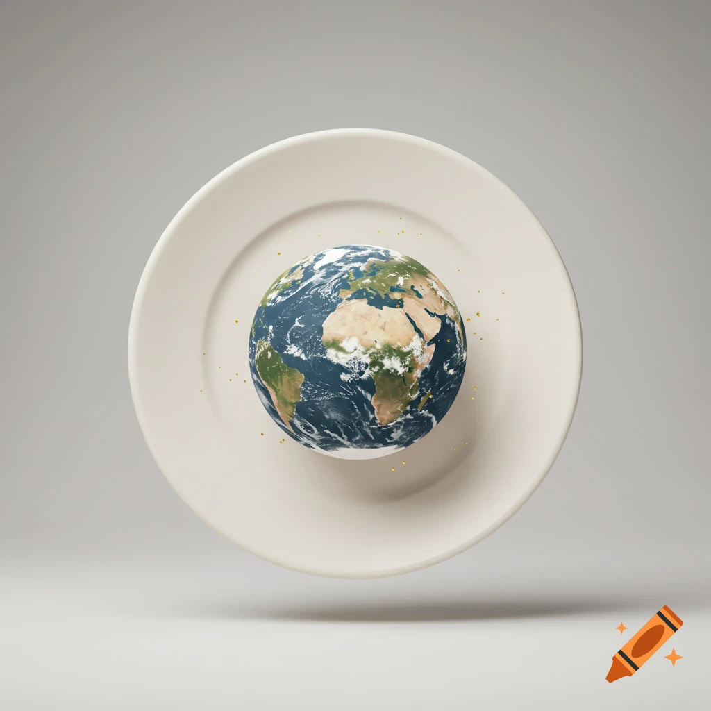 A photorealistic globe of Earth sits on a white dinner plate, surrounded by golden flecks, against a plain gray background.