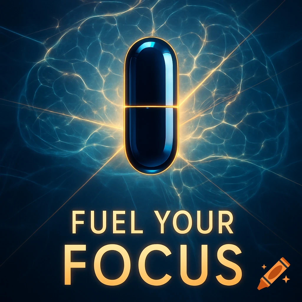 A glowing blue capsule with an orange halo against an abstract brain pattern, with the text 'FUEL YOUR FOCUS'.