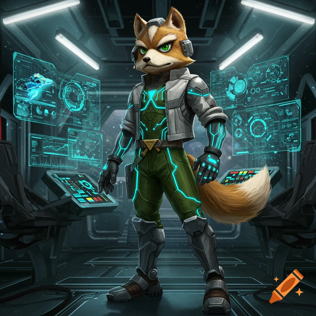 An anthropomorphic fox character in a futuristic grey and green suit with glowing blue accents stands in a spaceship cockpit with holographic screens.