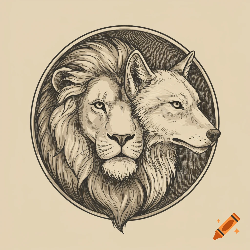 Detailed engraving of a lion's head combined with a wolf's head, facing right, within a circular frame.
