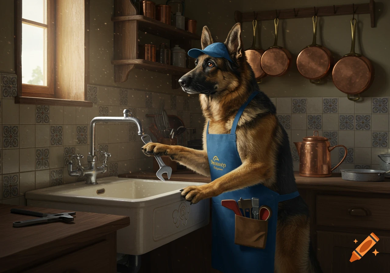 Photorealistic German Shepherd dog dressed as a plumber, wearing a blue cap and apron, holding a wrench while fixing a kitchen faucet.