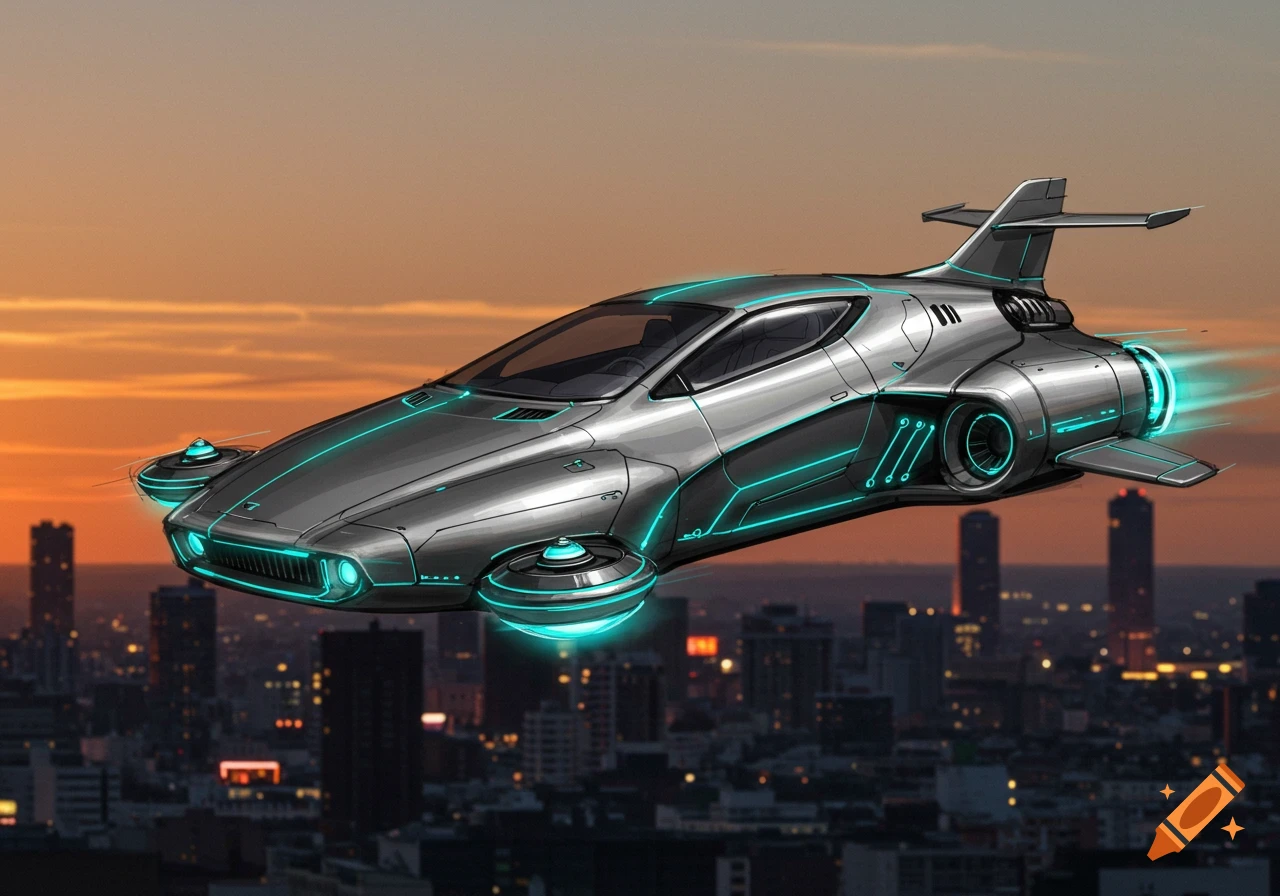 A sleek, silver futuristic flying car with glowing blue accents hovers over a city skyline at sunset.