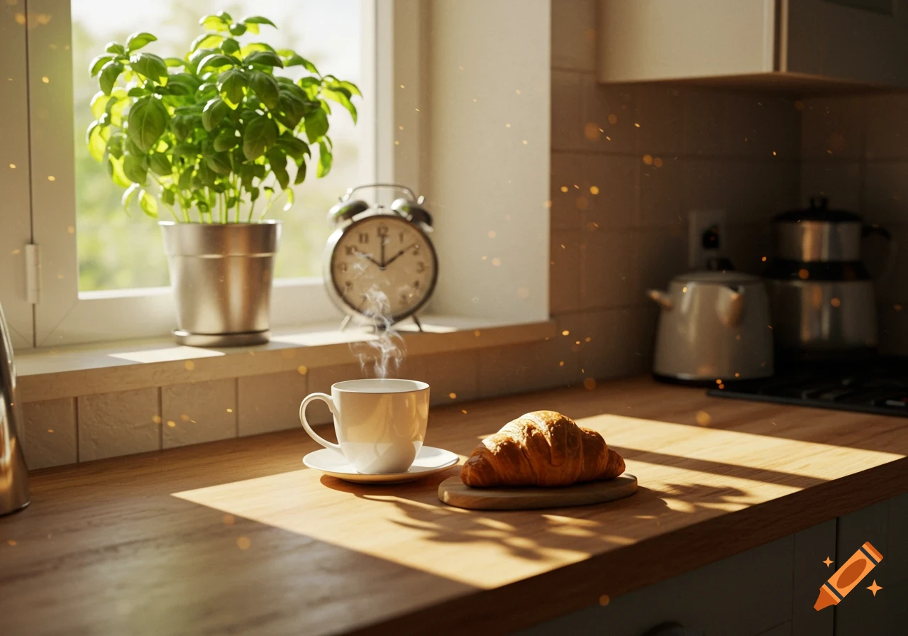 A steaming cup of coffee and a croissant on a wooden counter in a sunlit kitchen, with a basil plant and alarm clock by the window.