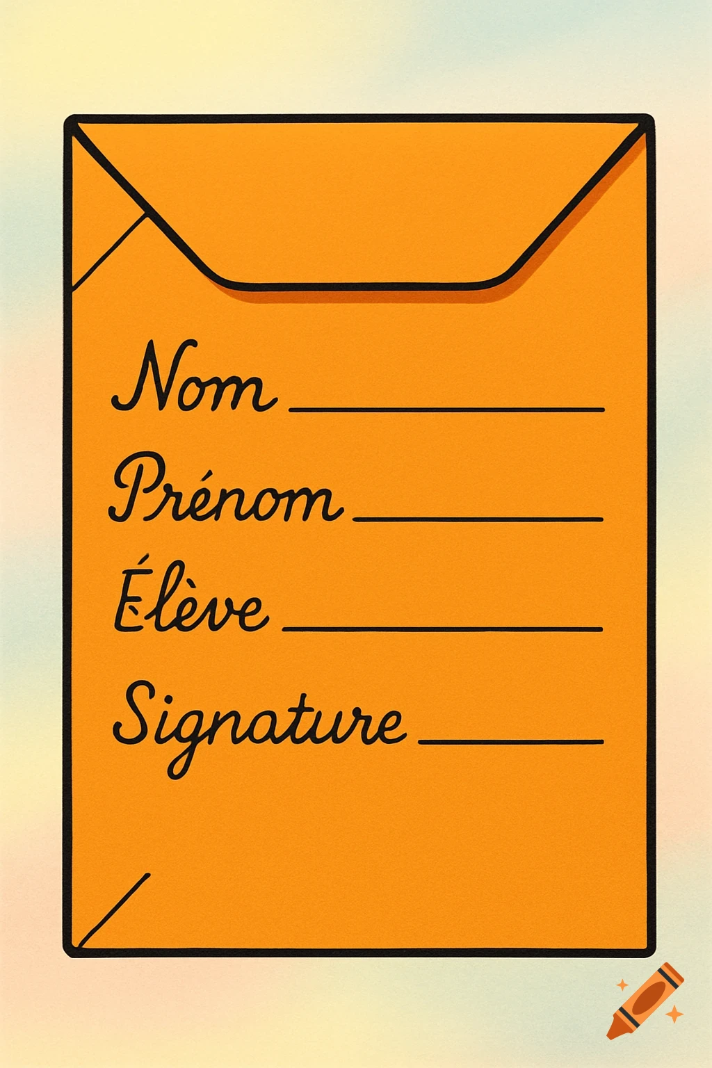 A simple 2D illustration of an orange envelope with fields for Nom, Prénom, Élève, and Signature.