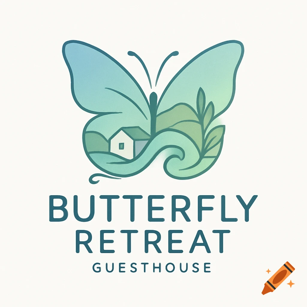 Minimalist blue-green butterfly logo with a house and landscape inside its wings, above the words 'BUTTERFLY RETREAT GUESTHOUSE'.