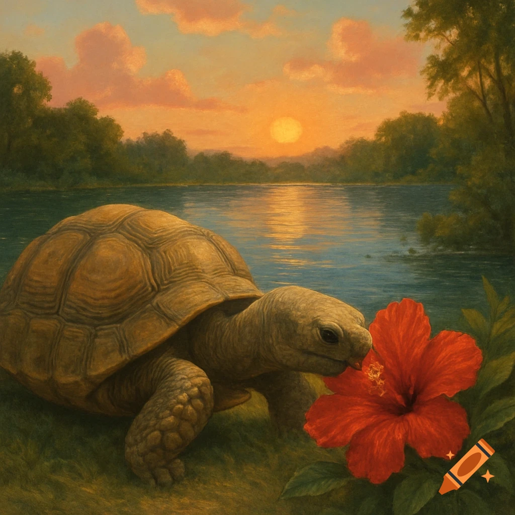 A tortoise approaches a red hibiscus flower by a lake at sunset, painted in warm tones.