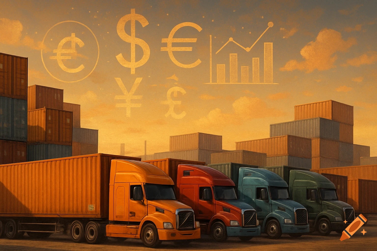 Semi-trucks and shipping containers under a sunset sky with financial symbols and a bar chart.