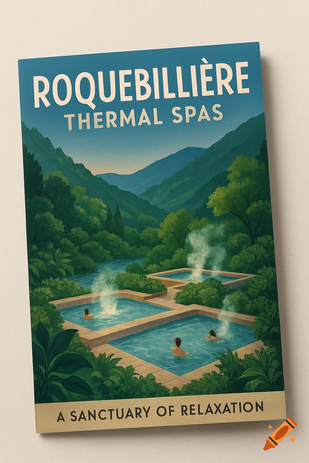A vintage travel poster for Roquebillière Thermal Spas, depicting people relaxing in steaming pools amidst a lush green mountain valley.