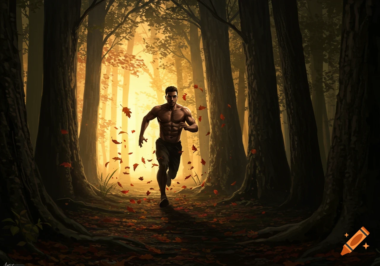 Muscular man runs through a dark, illuminated forest with falling autumn leaves in an illustrative style.