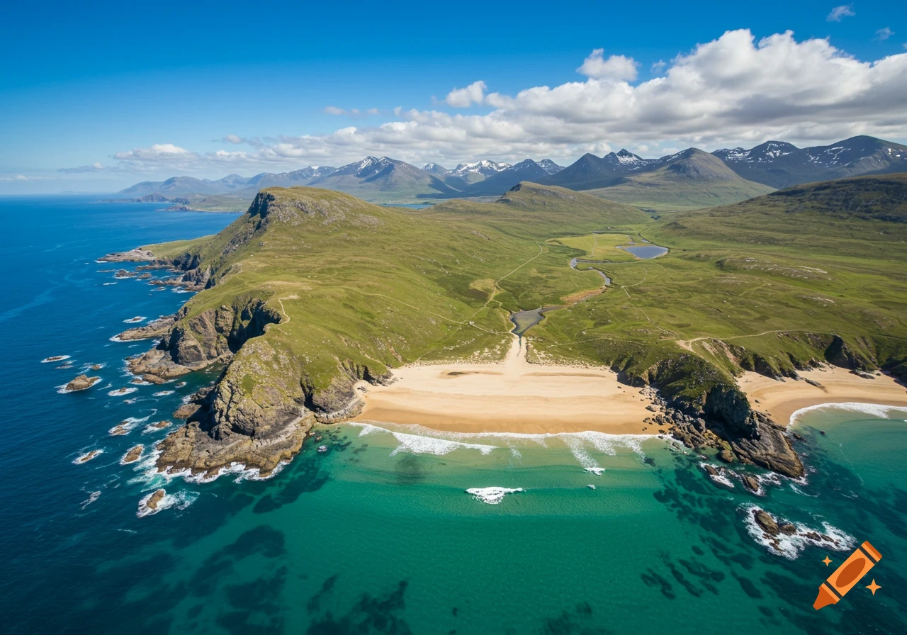 Aerial view of a scenic coastline with a sandy beach, turquoise ocean, green hills, and distant snow-capped mountains.