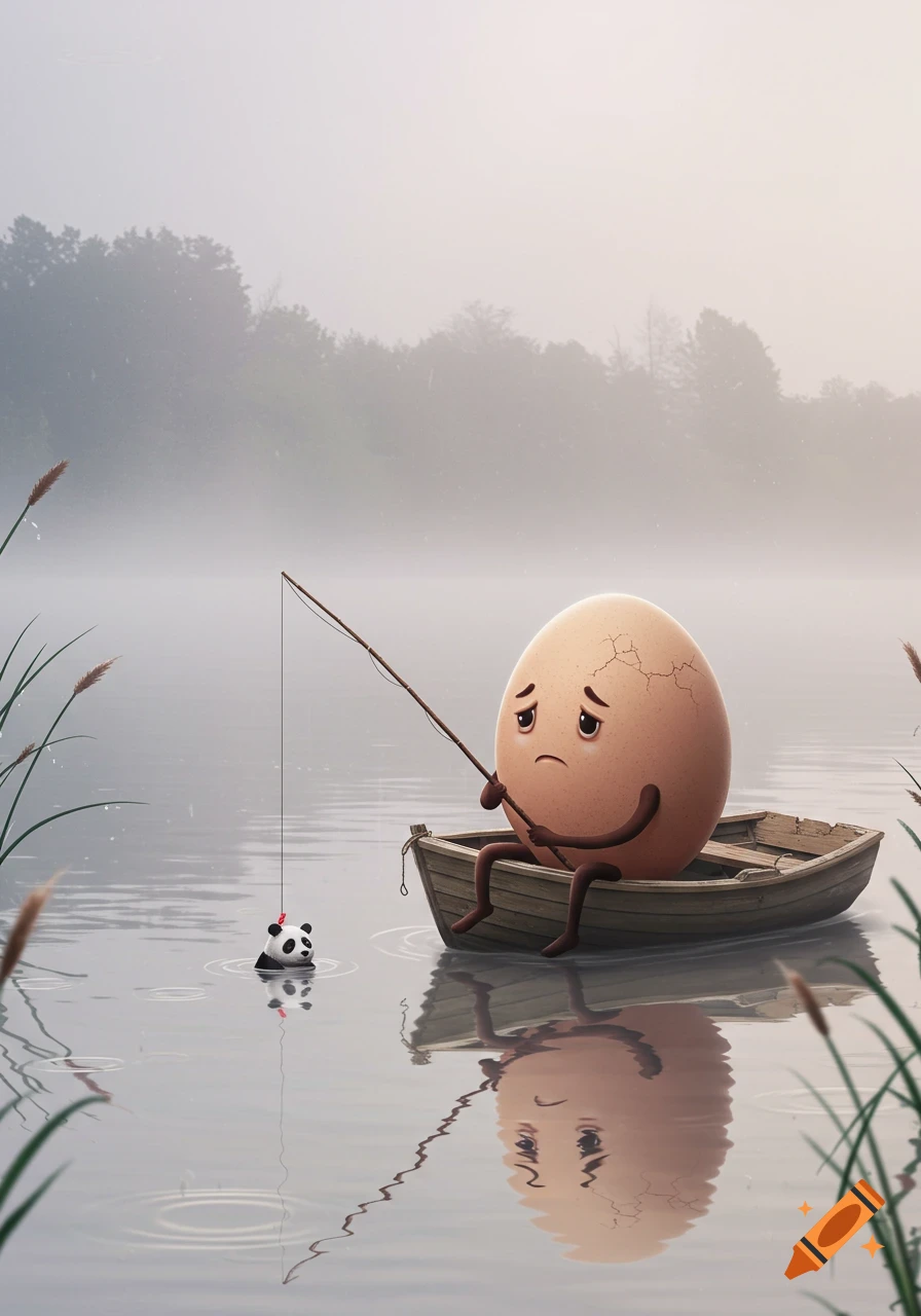 A sad, anthropomorphic egg sits in a wooden boat, fishing a small panda out of a misty lake at dawn.