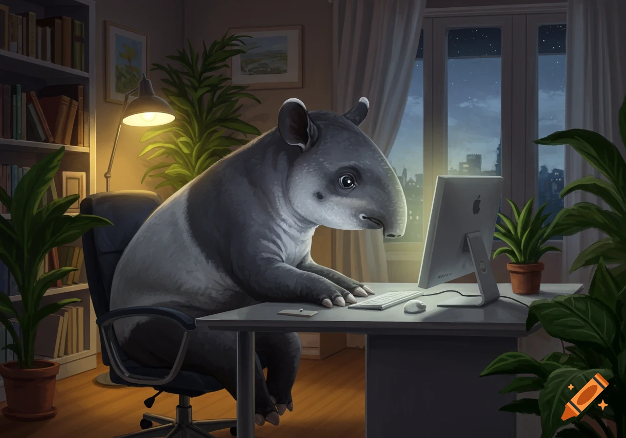 An illustrated tapir sits in an office chair at a desk, looking at an Apple computer monitor at night.